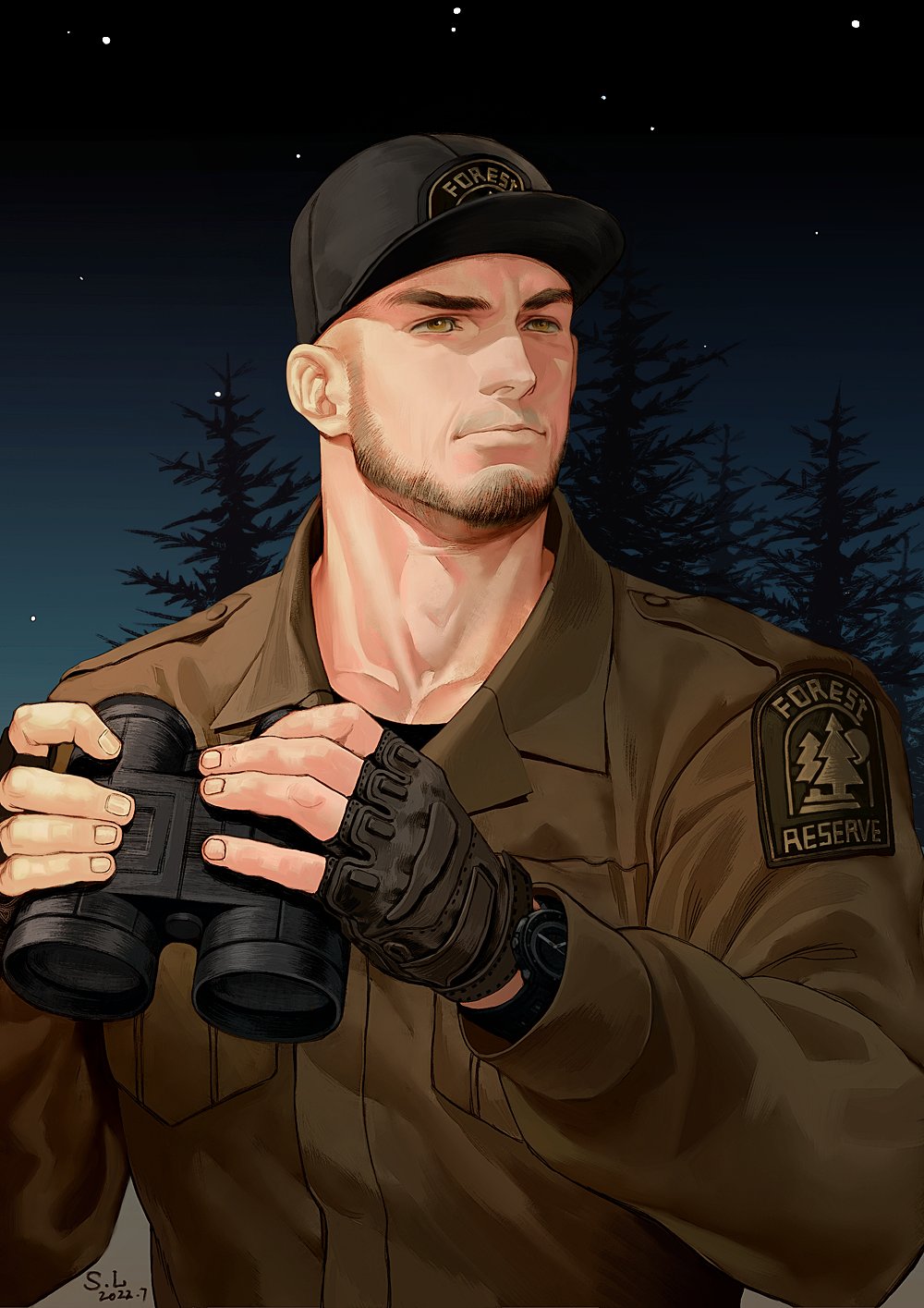 1boy artist_name beard collared_shirt facial_hair fingerless_gloves forest gloves hat highres insignia looking_to_the_side male_focus manly mature_male nature night night_sky original outdoors saolin_(wudangx) shirt short_hair signature sky solo star_(sky) thick_eyebrows tree upper_body watch yellow_eyes