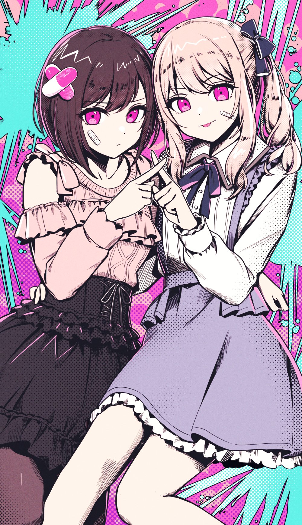 1girl 1other akiyama_mizuki androgynous bandaid bandaid_on_cheek bandaid_on_face bangs black_skirt brown_hair closed_mouth collared_shirt deadnooodles halftone highres long_hair long_sleeves looking_at_viewer neck_ribbon pink_eyes pink_hair pink_shirt ponytail project_sekai ribbon shinonome_ena shirt short_hair skirt tongue tongue_out venom_(vocaloid) white_shirt