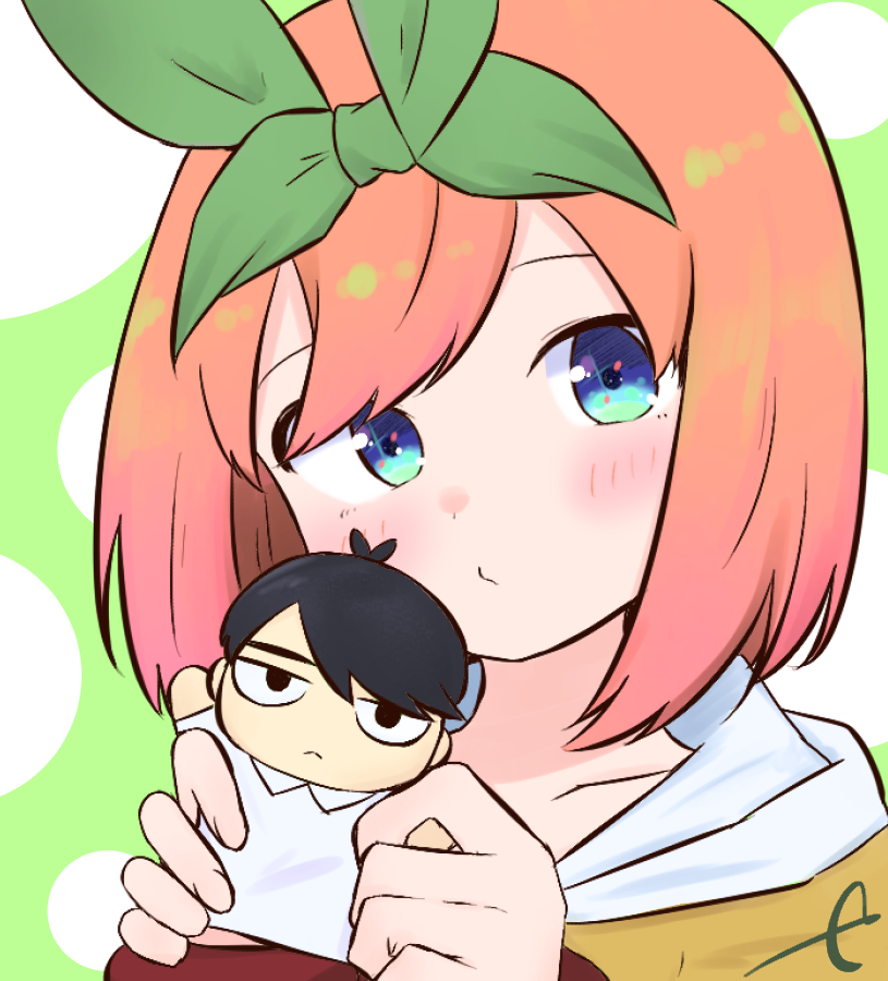 1girl bangs blue_eyes blush brown_hoodie character_doll closed_mouth collarbone commentary doll eyebrows_behind_hair go-toubun_no_hanayome green_background green_ribbon hair_ribbon hands_up head_tilt holding holding_doll hood hood_down hoodie kujou_karasuma looking_at_viewer nakano_yotsuba orange_hair ribbon signature symbol-only_commentary two-tone_background uesugi_fuutarou white_background