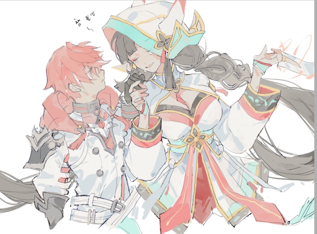 1boy 1girl ara_haan black_hair braid chinese_clothes closed_eyes crying elsword elsword_(character) facing_another linbai22 long_hair looking_at_another marici_(elsword) multicolored_hair red_eyeliner redhead sacred_templar_(elsword) short_hair sketch white_background white_hair