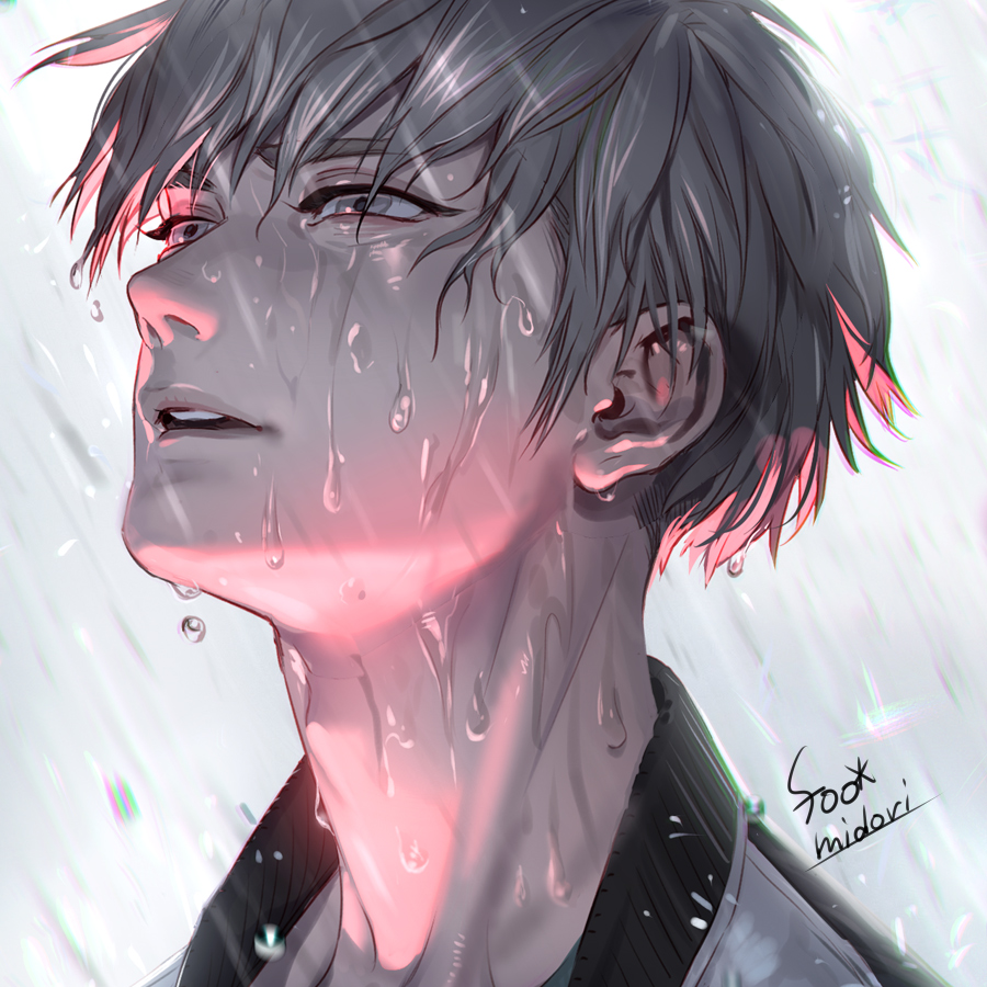 1boy artist_name banned_artist close-up cropped face grey_eyes grey_hair looking_away male_focus midori_foo open_mouth original portrait rain solo