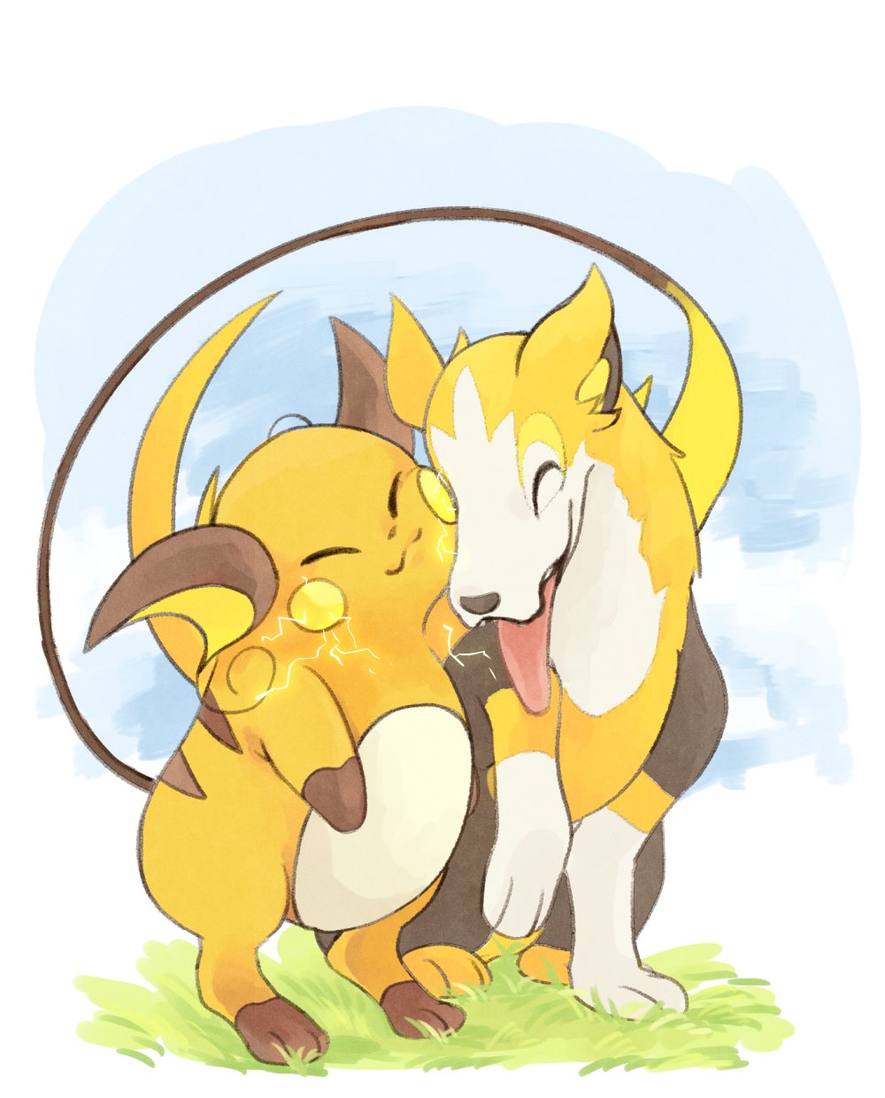 :3 affectionate animal_focus boltund closed_eyes closed_mouth commentary_request cuddling electricity grass highres kono2noko pokemon pokemon_(creature) raichu smile standing tongue tongue_out