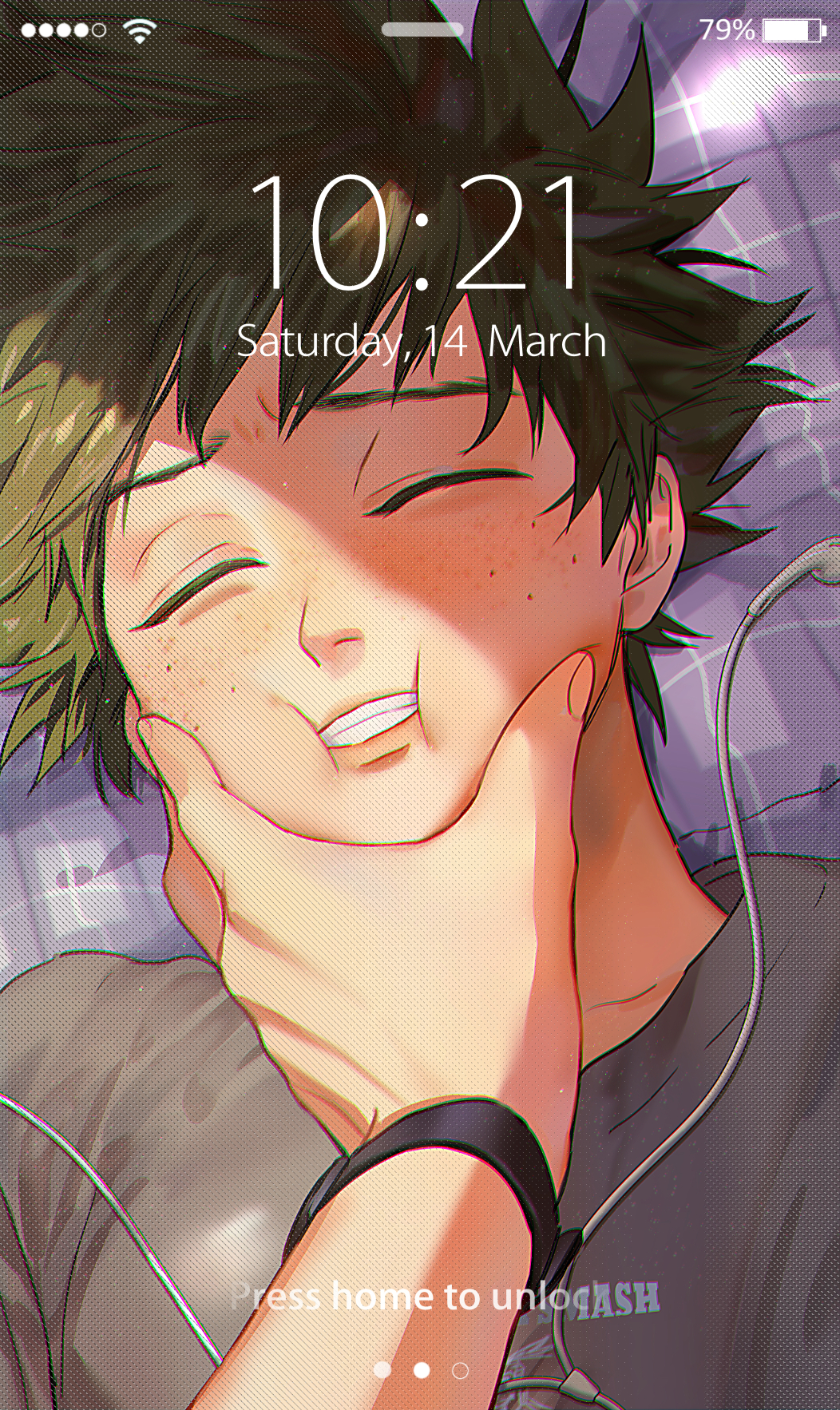 2boys boku_no_hero_academia cheek_squash chromatic_aberration closed_eyes commentary earphones earphones english_text face freckles green_hair grey_shirt hand_on_another's_face highres lying male_focus midoriya_izuku multiple_boys namarigenshi on_back phone_screen shirt short_hair watch