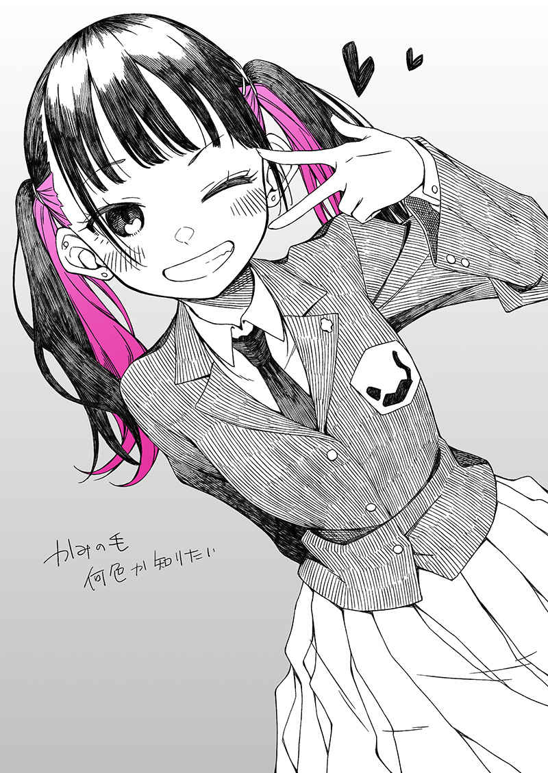 1girl :d akakage_red bangs blazer blunt_bangs blush buttons collared_shirt ear_piercing earrings emblem gradient gradient_background greyscale hair_tie hand_up happy hatching_(texture) jacket jewelry kashiro_(ruri_dragon) linear_hatching long_sleeves monochrome multicolored_hair necktie one_eye_closed open_mouth piercing pink_hair pleated_skirt raised_eyebrow ruri_dragon school_uniform shirt skirt smile solo spot_color tears translation_request twintails two-tone_hair v v_over_eye