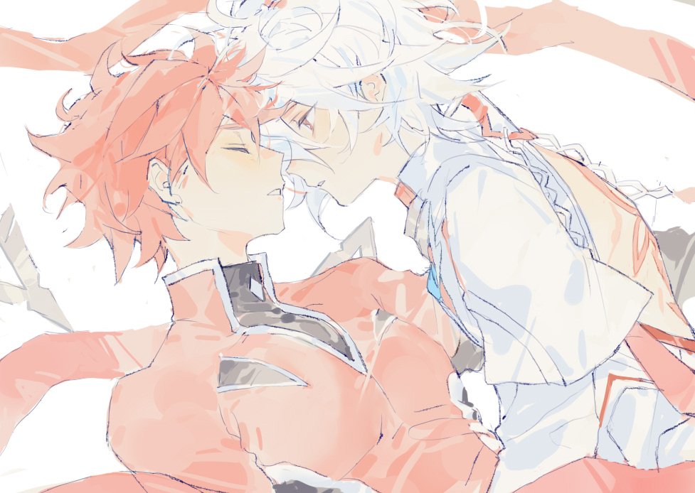2boys blush closed_mouth elsword elsword_(character) facing_another genesis_(elsword) knight_emperor_(elsword) leaning_back leaning_forward linbai22 long_sleeves male_focus multiple_boys parted_lips red_eyes redhead short_hair sketch tattoo white_background white_hair