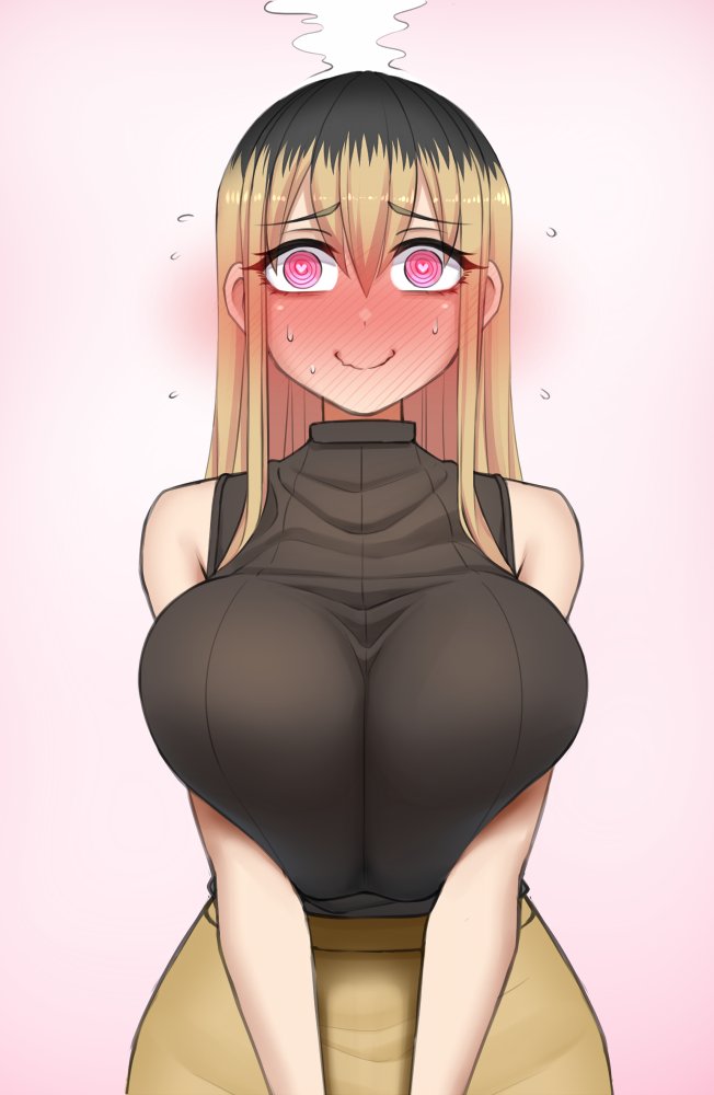 1girl @_@ black_hair blonde_hair blush breasts brown_hair brown_shirt heart heart-shaped_pupils kinjo_no_hito_no_nakimushi large_breasts long_sleeves looking_at_viewer looking_down multicolored_hair ochiai_(kinjo_no_hito_no_nakimushi) shirt simple_background skirt sleeveless sleeveless_shirt symbol-shaped_pupils two-tone_hair twrlare upper_body white_background