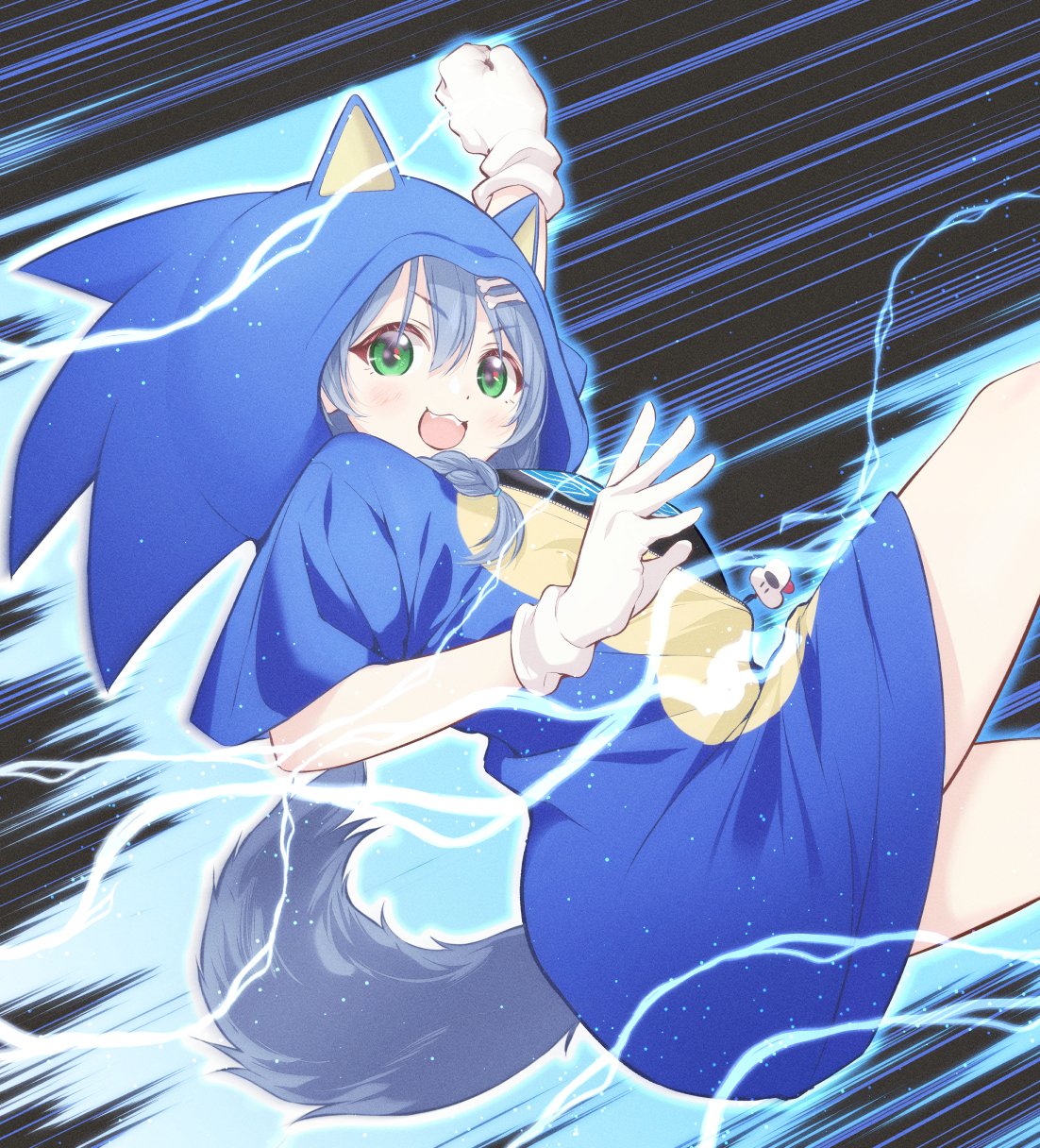 1girl :3 :d alternate_eye_color alternate_hair_color animal_hood black_shirt blue_hair bone_hair_ornament cosplay dog_tail electricity gloves green_eyes hair_ornament highres hololive hood hood_up inugami_korone open_mouth pre3445 shirt smile solo sonic_(series) sonic_the_hedgehog sonic_the_hedgehog_(cosplay) tail virtual_youtuber white_gloves