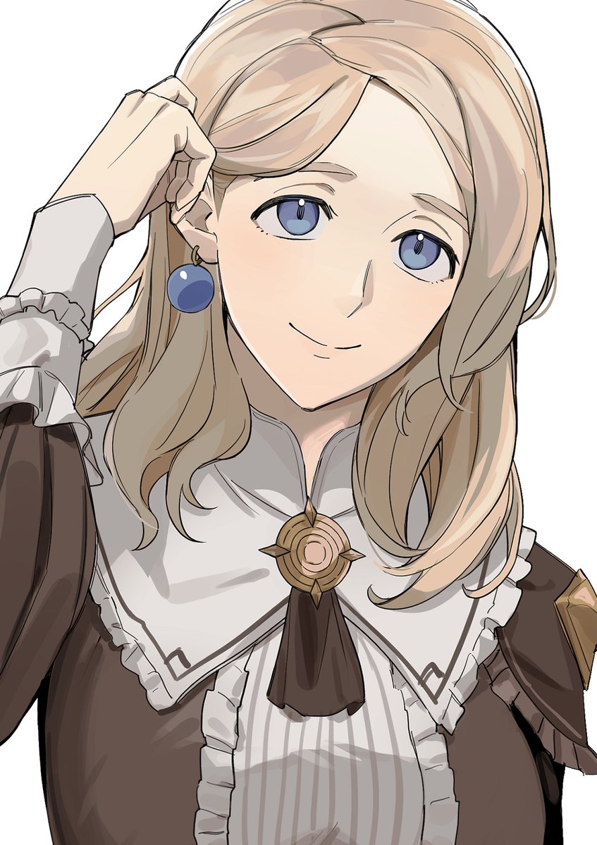 1girl adjusting_hair ascot bangs blue_eyes breasts brown_ascot brown_dress closed_mouth commentary dress earrings fire_emblem fire_emblem:_three_houses fire_emblem_warriors:_three_hopes frills hand_in_own_hair jewelry light_brown_hair long_sleeves looking_at_viewer medium_breasts medium_hair mercedes_von_martritz official_alternate_costume official_alternate_hairstyle parted_bangs shishima_eichi simple_background smile solo upper_body white_background