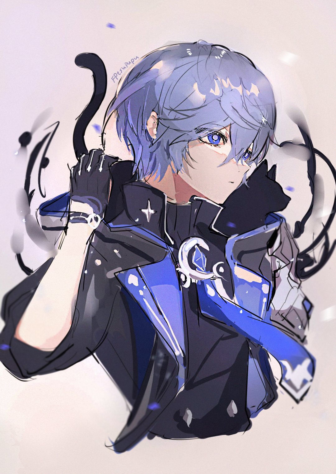 1boy black_cat blue_eyes cat elsword facing_to_the_side gloves grey_hair highres kurayuki0404 liberator_(elsword) looking_ahead male_focus necktie noah_(elsword) short_hair short_sleeves solo