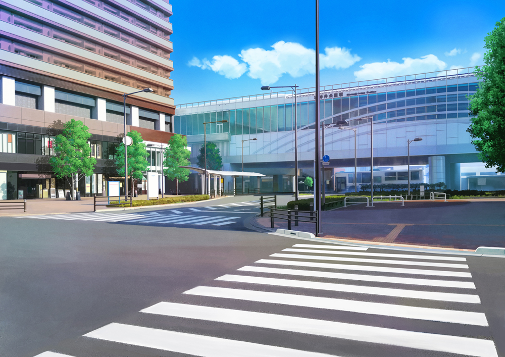 blue_sky building chisagogo2 city cityscape clouds commentary_request crosswalk no_humans original road road_sign scenery shadow sign sky street train_station tree