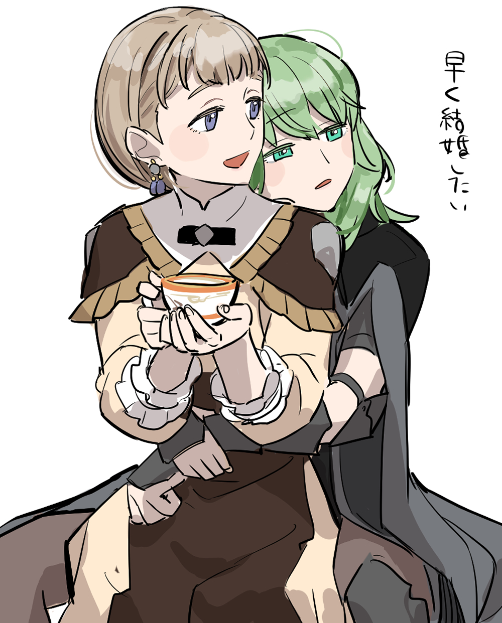 2girls blue_eyes blush blush_stickers brown_dress byleth_(fire_emblem) byleth_eisner_(female) coat coat_on_shoulders commentary cowboy_shot cup dress earrings enlightened_byleth_(female) fire_emblem fire_emblem:_three_houses green_eyes green_hair grey_coat half-closed_eyes head_on_another's_shoulder highres holding holding_cup hug hug_from_behind jewelry light_brown_hair looking_afar looking_back medium_hair mercedes_von_martritz multiple_girls open_mouth own_hands_together parted_lips shishima_eichi short_hair simple_background sitting teacup translated vambraces white_background yuri