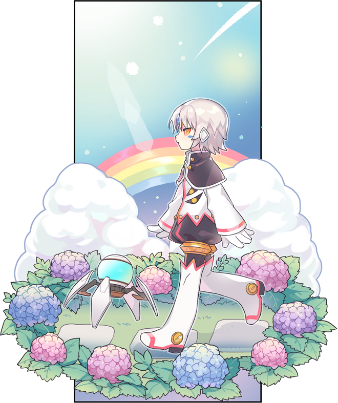1girl android another_code_(elsword) artist_request black_capelet blue_flower boots capelet clouds elsword eve_(elsword) facial_mark flower forehead_jewel gloves grey_hair hydrangea jacket light_rays long_sleeves official_art out_of_frame path pink_flower purple_flower rainbow robot robot_ears solo tattoo walking white_jacket