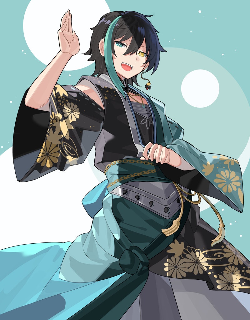 1boy :d asymmetrical_hair black_hair blue_background blue_eyes blue_hair commission falken_(yutozin) floral_print hair_between_eyes hand_up heterochromia japanese_clothes kimono looking_at_viewer male_focus multicolored_background multicolored_clothes multicolored_hair multicolored_kimono open_mouth original skeb_commission smile solo streaked_hair teeth upper_teeth virtual_youtuber white_background wide_sleeves yellow_eyes