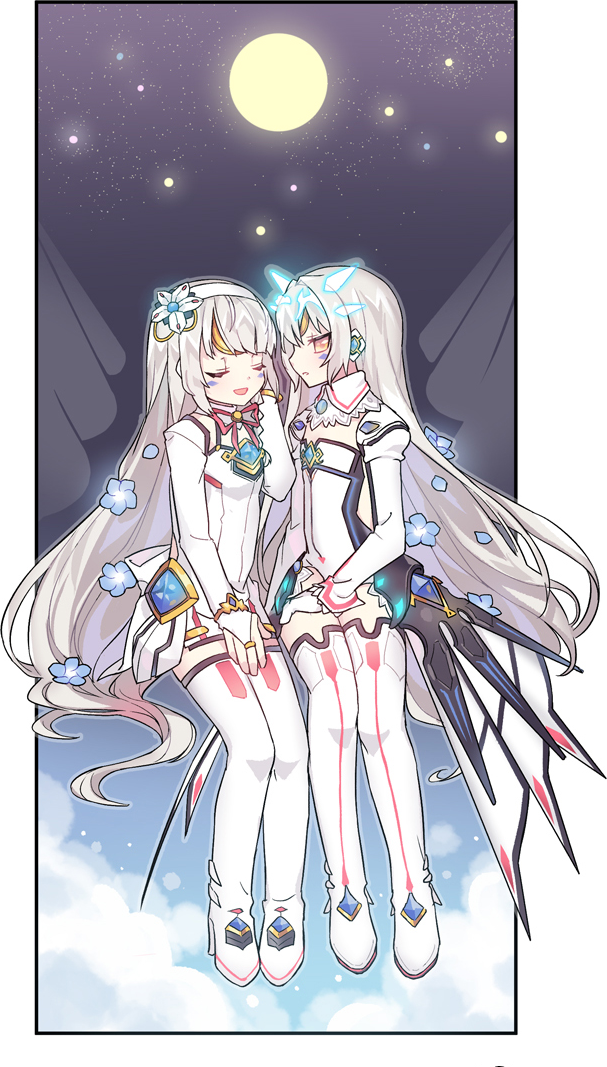 2girls artist_request boots bridal_gauntlets closed_eyes clouds code:_battle_seraph_(elsword) code:_electra_(elsword) curtains dress dual_persona elsword eve_(elsword) facial_mark fireflies flower grey_hair hair_flower hair_ornament hairband hand_on_legs hand_on_own_face long_hair moon multiple_girls official_art open_mouth outside_border robot_ears short_dress showgirl_skirt sitting smile star_(sky) thigh_boots white_footwear yellow_eyes