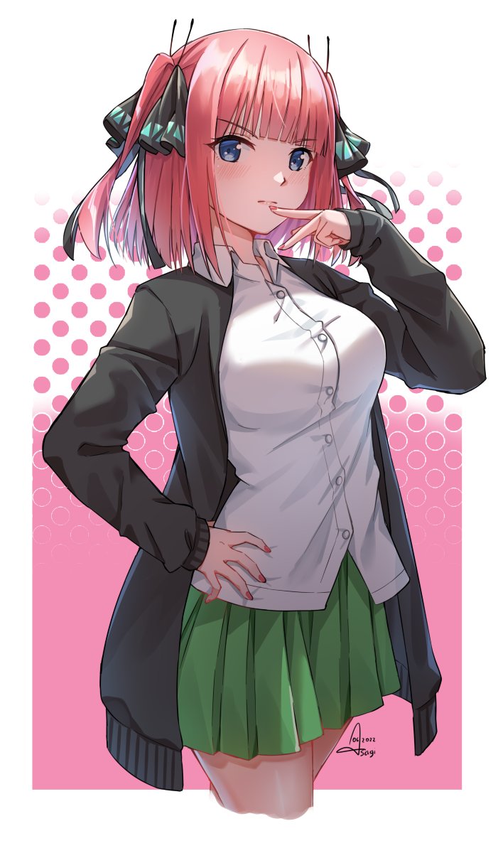 1girl as4gi bangs black_cardigan black_ribbon blue_eyes blunt_bangs blush breasts butterfly_hair_ornament cardigan cropped_legs finger_to_mouth frown go-toubun_no_hanayome green_skirt hair_ornament hand_on_hip highres large_breasts looking_at_viewer nail_polish nakano_nino open_cardigan open_clothes pink_hair pink_nails ribbon school_uniform shirt simple_background skirt sleeves_past_wrists thick_thighs thighs twintails v-shaped_eyebrows white_shirt