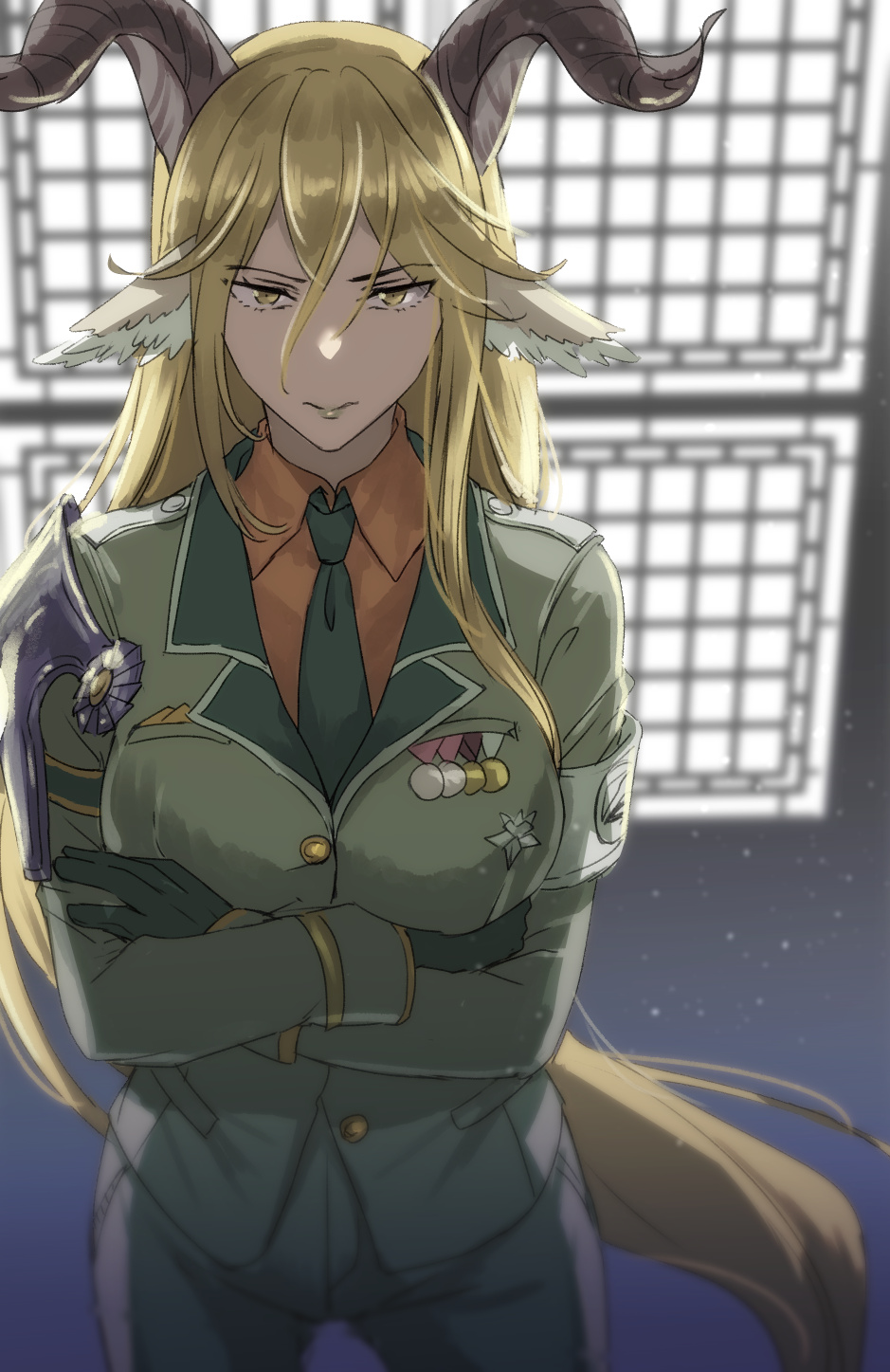 1girl animal_ears arknights black_gloves black_necktie blonde_hair closed_mouth crossed_arms degenbrecher_(arknights) gloves goat_ears goat_girl goat_horns green_jacket green_pants highres horns indoors jacket long_hair long_sleeves military military_jacket military_uniform necktie orange_shirt pants shirt shumizoku solo uniform yellow_eyes