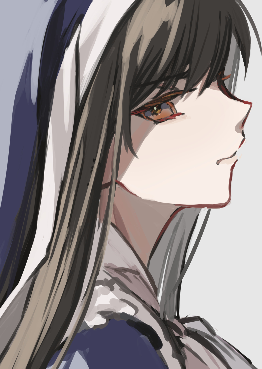1girl assault_lily bangs brown_eyes brown_hair closed_mouth commentary from_side grey_background habit hair_between_eyes half-closed_eyes highres izumi_rosa_rina long_hair looking_at_viewer looking_to_the_side nun portrait profile sideways_glance simple_background sketch solo tareko veil