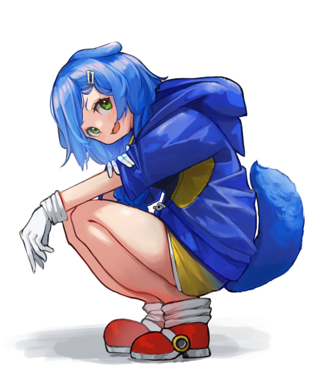 1girl :d alternate_eye_color alternate_hair_color animal_ears blue_hair blue_jacket bone_hair_ornament daiushi dog_ears dog_tail full_body gloves green_eyes hair_ornament highres hololive hood hood_down inugami_korone jacket looking_at_viewer open_mouth red_footwear shorts smile solo sonic_(series) squatting tail virtual_youtuber white_gloves yellow_shorts zipper