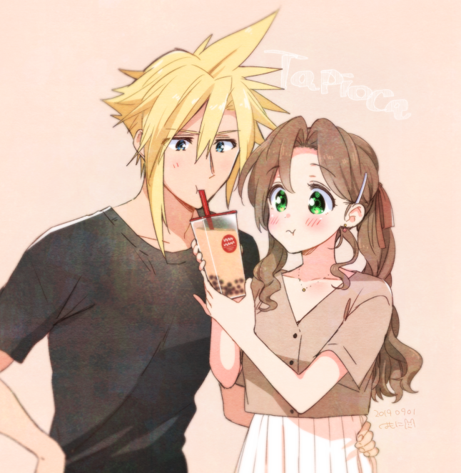 1boy 1girl aerith_gainsborough alternate_costume bangs black_shirt blonde_hair blue_eyes blush brown_hair brown_shirt bubble_tea buttons chewing cloud_strife couple cup disposable_cup drinking drinking_straw earrings english_text final_fantasy final_fantasy_vii final_fantasy_vii_remake green_eyes hair_behind_ear hair_between_eyes hair_ornament hairclip hand_on_another's_hip hand_on_hip hetero holding holding_cup jewelry krudears necklace parted_bangs ponytail shirt sidelocks skirt spiky_hair t-shirt upper_body wavy_hair white_skirt