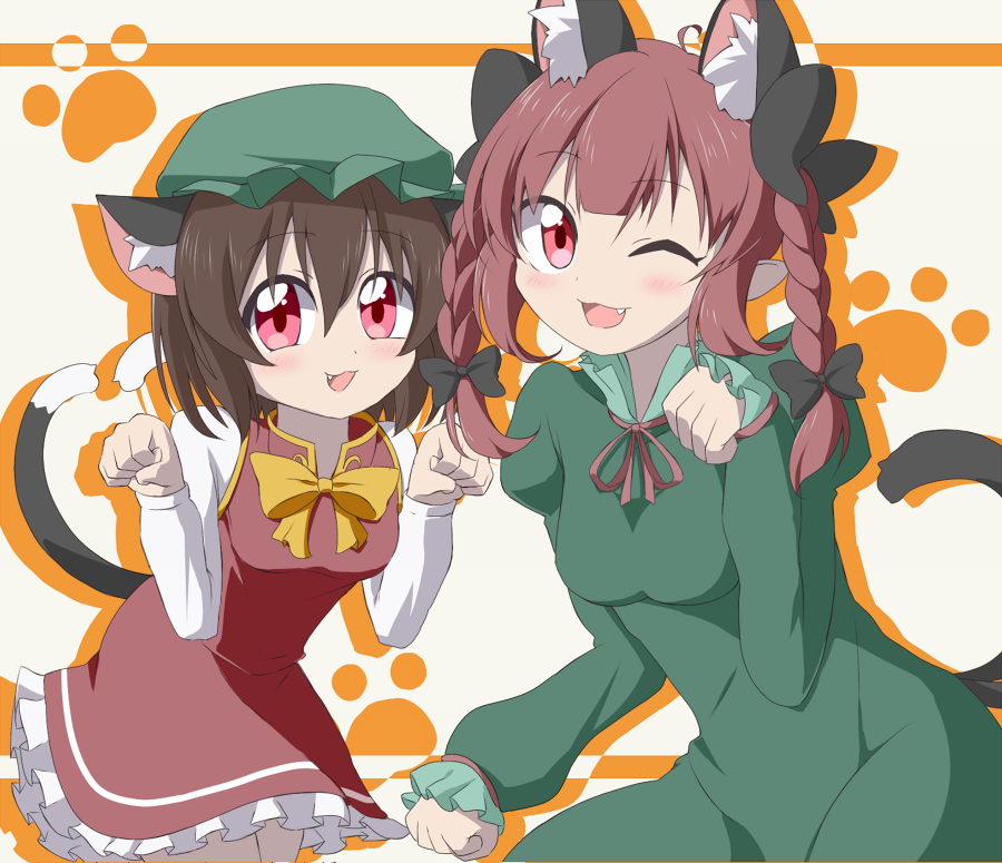 2girls :3 ahoge animal_ear_fluff animal_ears bangs black_bow blush bow bowtie braid breasts brown_hair bwell cat_ears cat_tail chen commentary_request cowboy_shot dress extra_ears fang frilled_dress frilled_sleeves frills green_dress green_headwear hair_between_eyes hair_bow hat juliet_sleeves kaenbyou_rin long_hair long_sleeves looking_at_viewer medium_breasts mob_cap multiple_girls multiple_tails neck_ribbon nekomata one_eye_closed open_mouth paw_pose paw_print paw_print_background puffy_sleeves red_eyes red_ribbon red_skirt red_vest redhead ribbon shirt short_hair skirt skirt_set small_breasts smile tail touhou twin_braids two_tails vest white_shirt yellow_bow yellow_bowtie