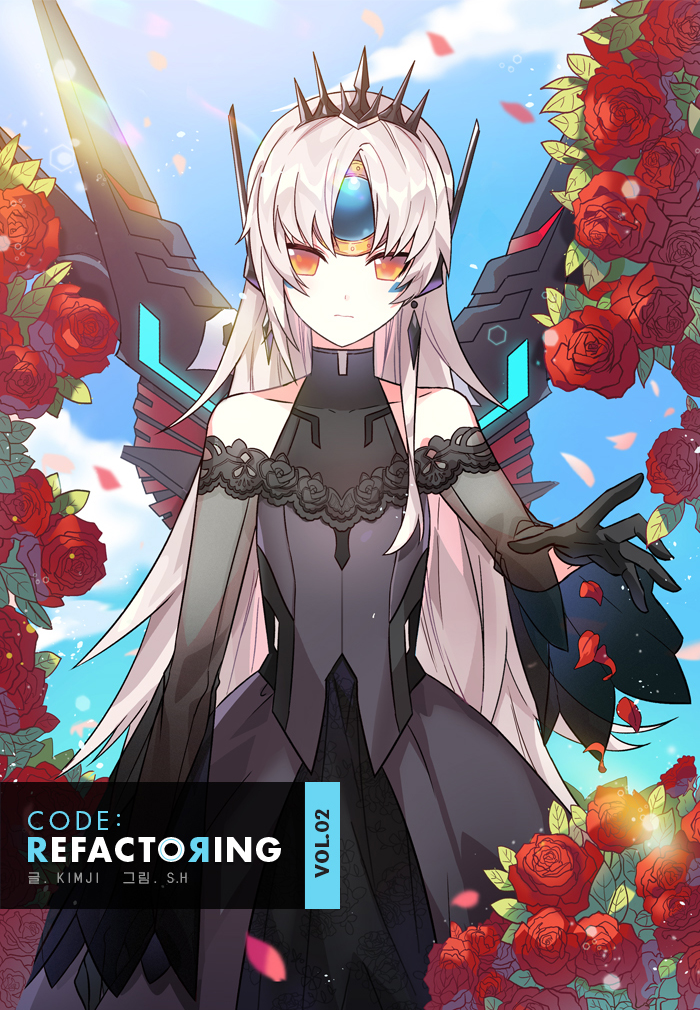 1girl black_dress black_gloves code:_ultimate_(elsword) cowboy_shot day detached_sleeves dress elsword eve_(elsword) expressionless facial_mark flower forehead_jewel gloves grey_hair long_hair looking_at_viewer mecha_musume official_art petals reaching_out rose rose_petals see-through solo standing yellow_eyes