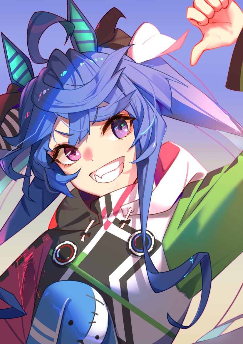 1girl ahoge animal_ears arm_up bangs blue_eyes blue_hair crossed_bangs drawstring faicha gradient gradient_background grin hand_on_hip hand_up heterochromia horse_ears jacket long_hair long_sleeves looking_at_viewer multicolored_clothes multicolored_hair multicolored_jacket outline puffy_long_sleeves puffy_sleeves red_eyes smile solo stuffed_animal stuffed_bunny stuffed_toy teeth thumbs_down twin_turbo_(umamusume) twintails two-tone_hair umamusume upper_body very_long_hair violet_eyes w white_jacket white_outline