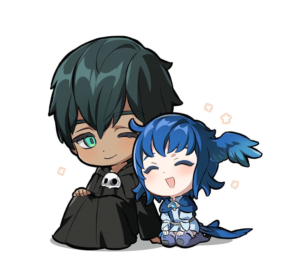 1boy 1girl ;) ^_^ ^o^ bangs bird_girl bird_legs bird_tail black_capelet black_hair black_robe blue_capelet blue_hair brooch capelet chibi closed_eyes commentary cowlick dress feathered_wings final_fantasy final_fantasy_xiv flower_(symbol) full_body green_eyes hand_on_ground hand_on_own_knee hands_on_own_knees head_wings hermes_(ff14) hood hood_down hooded_capelet jewelry knees_up looking_at_another mask mask_removed meteion one_eye_closed open_mouth robe seiza short_hair simple_background sitting smile symbol-only_commentary tail talons white_background white_dress wings wuliu_heihuo