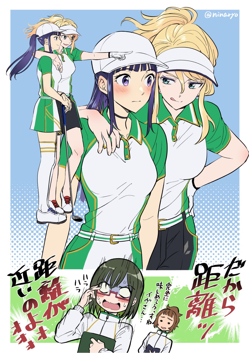 4girls amawashi_aoi arm_around_shoulder artist_name birdie_wing:_golf_girls'_story blank_eyes blonde_hair blue_background blue_hair blush brown_hair choker eve_(birdie_wing) full_body glasses gloves golf_club green_eyes greyscale highres licking_lips long_hair looking_at_another monochrome multiple_girls multiple_views niina_ryou open_mouth pointing ponytail saotome_ichina shinjou_amane shoes short_hair shorts simple_background sneakers surprised sweat thigh-highs tongue tongue_out violet_eyes visor_cap yuri