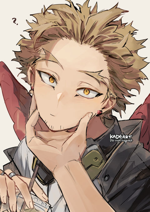 1boy 1other ? black_jacket blonde_hair boku_no_hero_academia drink ear_piercing earrings face facial_hair facial_mark feathered_wings feathers forked_eyebrows goatee hawks_(boku_no_hero_academia) headphones headphones_around_neck holding holding_another's_head holding_drink jacket jewelry kadeart long_eyebrows looking_at_viewer male_focus piercing portrait pov pov_hands red_feathers red_wings ring shirt short_hair solo_focus stubble stud_earrings thick_eyebrows twitter_username white_shirt wings yellow_eyes