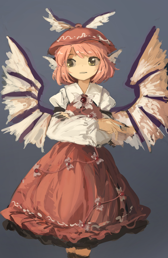 1girl animal_ears bird_ears bird_wings black_nails brown_dress dress earrings fingernails frilled_sleeves frills grey_background jewelry long_fingernails long_sleeves mystia_lorelei nail_polish open_mouth pink_hair short_hair simple_background single_earring solo suna_(s73d) touhou winged_hat wings yellow_eyes
