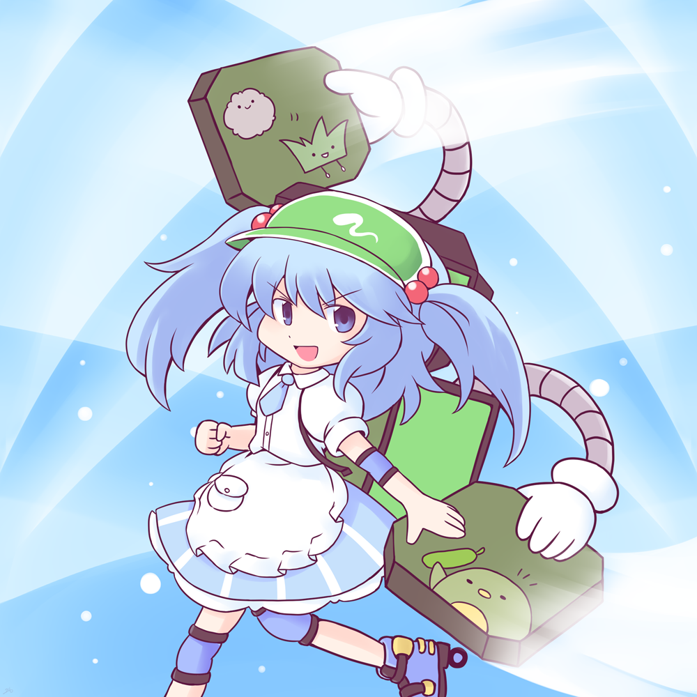 1girl 216 :d alternate_costume apron bangs blue_background blue_eyes blue_footwear blue_hair blue_skirt flat_cap green_headwear hair_bobbles hair_ornament hat kawashiro_nitori knee_pads looking_at_viewer mechanical_arms open_mouth roller_skates short_hair short_sleeves skates skirt smile solo touhou touhou_lost_word two_side_up v-shaped_eyebrows white_apron