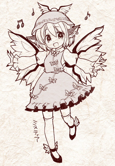 1girl animal_ears beamed_eighth_notes bird_ears bird_wings blush dress earrings eighth_note fingernails frilled_dress frilled_sleeves frills full_body greyscale hair_between_eyes jewelry kneehighs kosumo long_fingernails long_sleeves monochrome musical_note mystia_lorelei open_mouth quarter_note sharp_fingernails shoes short_hair single_earring smile solo touhou winged_footwear winged_hat wings