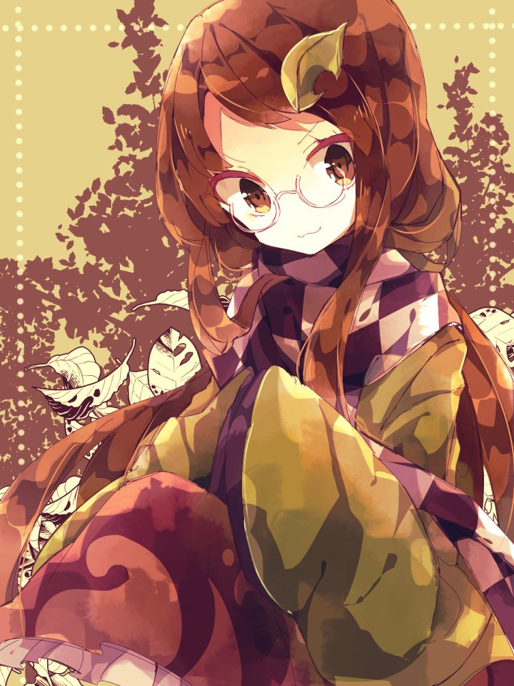 1girl :3 autumn autumn_leaves bangs brown_eyes brown_hair brown_skirt checkered_clothes checkered_scarf commentary_request feet_out_of_frame frilled_skirt frills futatsuiwa_mamizou futatsuiwa_mamizou_(human) glasses green_kimono japanese_clothes kimono leaf leaf_on_head long_hair long_sleeves looking_at_viewer nikorashi-ka own_hands_together parted_bangs purple_scarf round_eyewear scarf skirt sleeves_past_fingers sleeves_past_wrists solo touhou white_scarf wide_sleeves