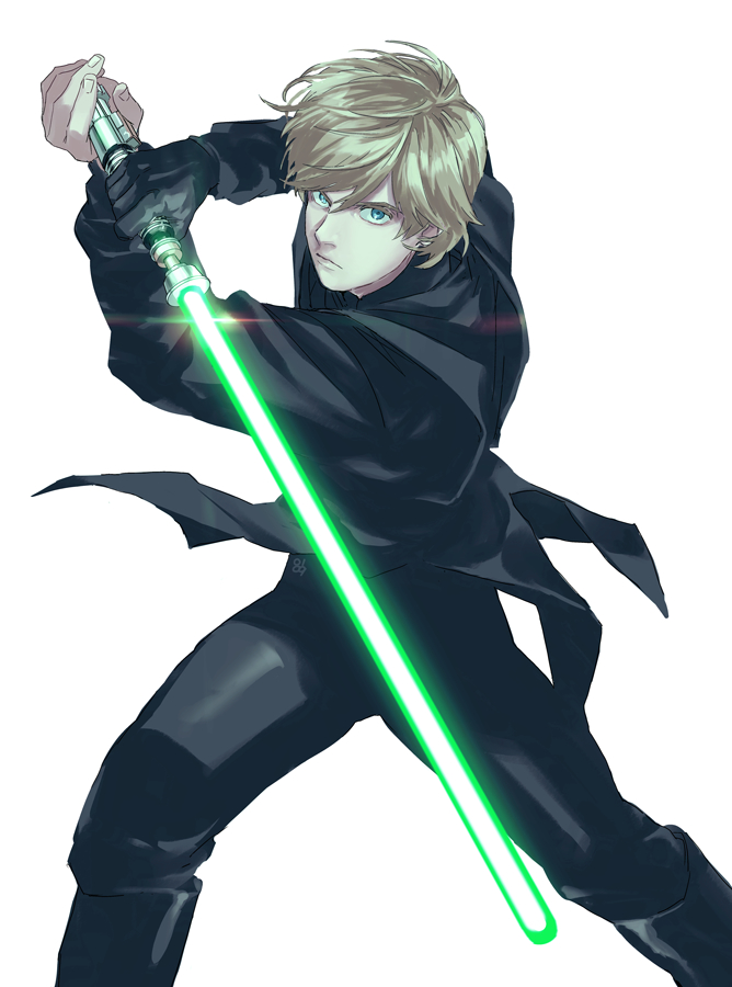 0109_(artist) 1boy bishounen black_cloak blonde_hair blue_eyes cloak closed_mouth commentary_request energy_sword fantasy fighting_stance gloves glowing glowing_sword glowing_weapon holding holding_sword holding_weapon jedi lightsaber looking_at_viewer luke_skywalker male_focus science_fiction serious short_hair simple_background star_wars sword weapon white_background