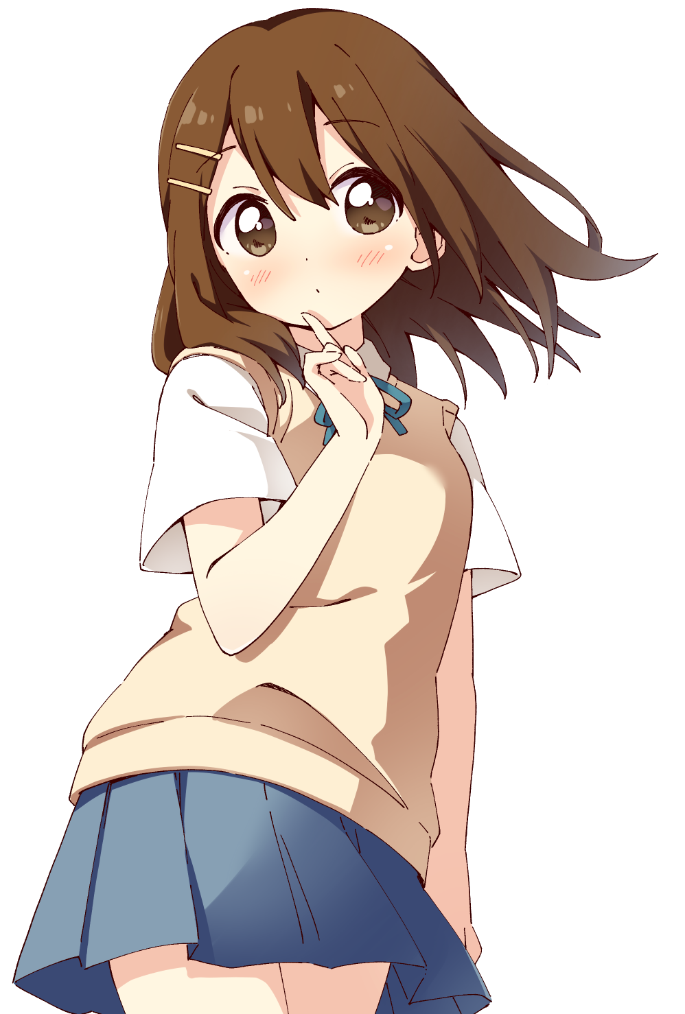 1girl bangs blue_ribbon blue_skirt blush brown_eyes brown_hair check_commentary commentary commentary_request cowboy_shot dot_mouth finger_to_own_chin hair_between_eyes hair_ornament hairclip haru_(konomi_150) highres hirasawa_yui index_finger_raised k-on! medium_hair neck_ribbon ribbon shirt short_sleeves simple_background skirt solo sweater_vest white_background white_shirt yellow_sweater_vest