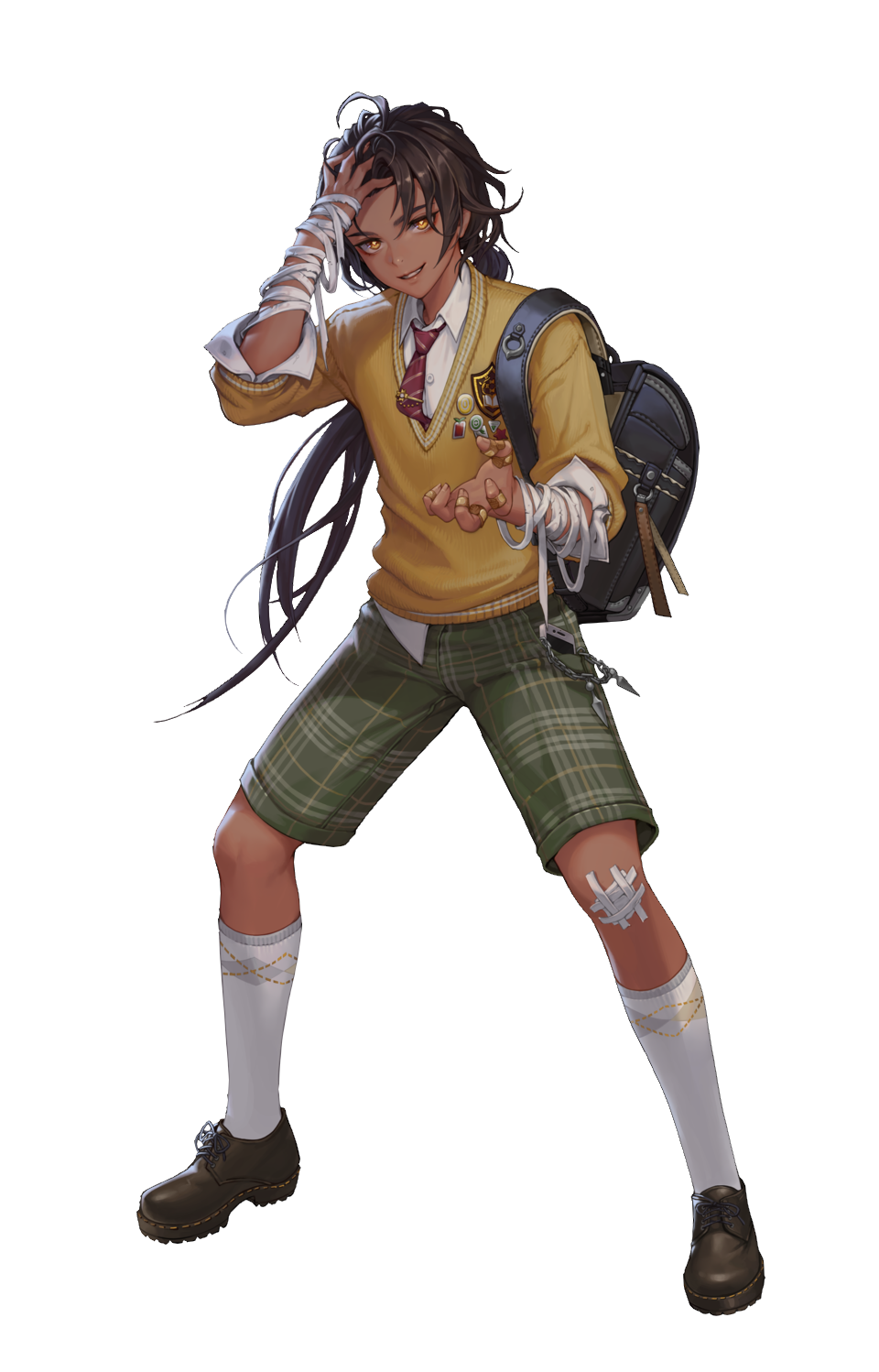 1boy arm_up artist_request bad_source bag black_survival brown_footwear brown_hair collared_shirt full_body green_shorts highres jewelry kneehighs long_hair low_ponytail male_focus multiple_rings necktie parted_lips red_necktie ring school_uniform shirt shoes shorts simple_background smile solo standing sweater transparent_background white_legwear white_shirt yellow_eyes zahir_(black_survival)