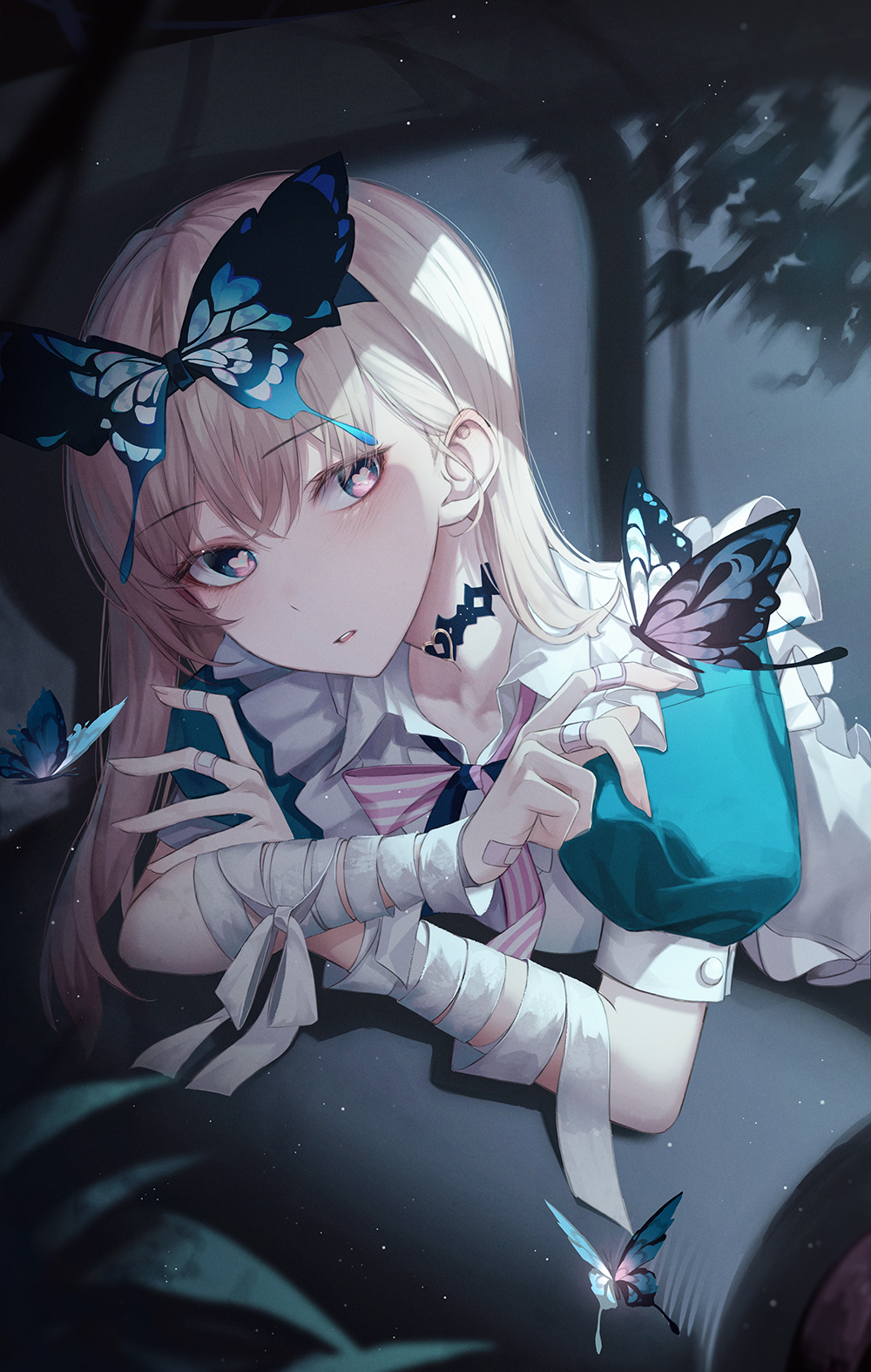 1girl alice_(grimlight) apron bandaged_arm bandages bangs black_choker blonde_hair blue_bow blue_bowtie blue_dress blue_eyes blue_hairband blush bow bowtie brown_hair bug butterfly butterfly_hair_ornament butterfly_wings buttons chair choker crossed_arms darang dress eyes_visible_through_hair fingernails flying frills grey_apron grey_bow grey_bowtie grimlight hair_between_eyes hair_ornament hairband hands_up heart heart_in_eye highres indoors light light_brown_hair long_fingernails long_hair looking_to_the_side lying moonlight multicolored_bow multicolored_bowtie multicolored_eyes on_stomach open_mouth pinafore_dress pink_bow pink_bowtie pink_eyes puffy_short_sleeves puffy_sleeves shadow short_sleeves solo striped striped_bow striped_bowtie symbol_in_eye teeth tongue wall wings