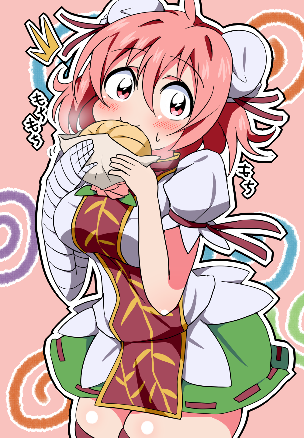1girl :3 bandaged_arm bandages bangs baozi blush breasts brown_legwear bun_cover bwell closed_mouth commentary_request cowboy_shot double_bun eating flower food green_skirt hair_between_eyes hair_bun highres holding holding_food ibaraki_kasen large_breasts looking_at_viewer mg_mg notice_lines outline pink_background pink_eyes pink_hair ribbon-trimmed_skirt ribbon_trim rose short_hair short_sleeves skirt solo tabard thigh-highs touhou white_outline zettai_ryouiki