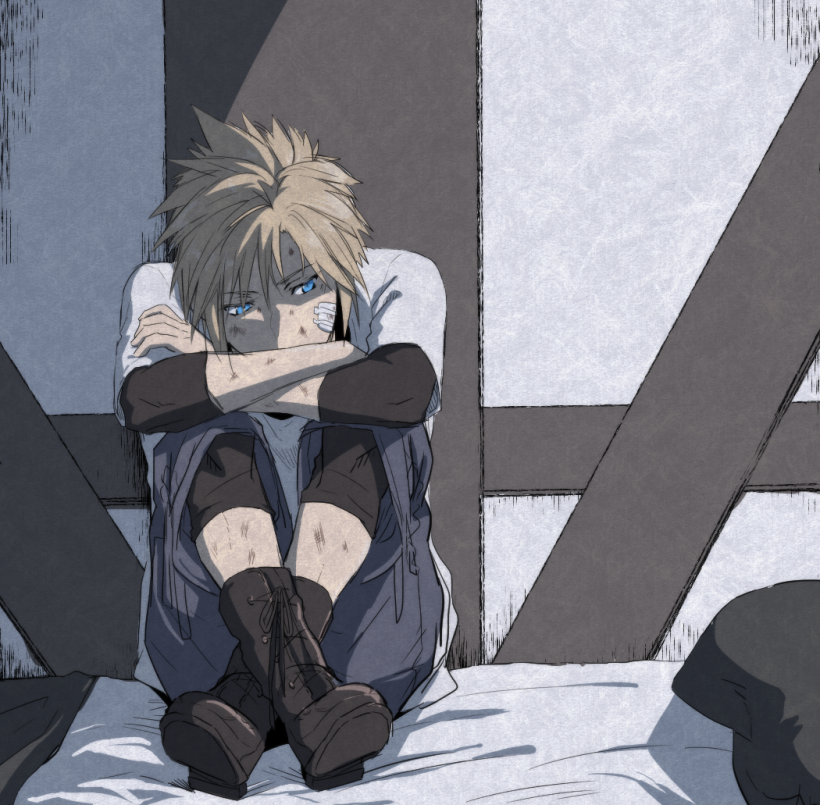 1boy against_wall bandage_on_face bandages bed_sheet black_legwear black_shirt blonde_hair blue_eyes blue_shorts boots cloud_strife crossed_ankles crossed_arms final_fantasy final_fantasy_vii final_fantasy_vii_remake full_body hair_between_eyes hugging_own_legs injury kyoujixxxx lonely pillow shirt short_hair shorts sitting solo spiky_hair t-shirt white_shirt younger