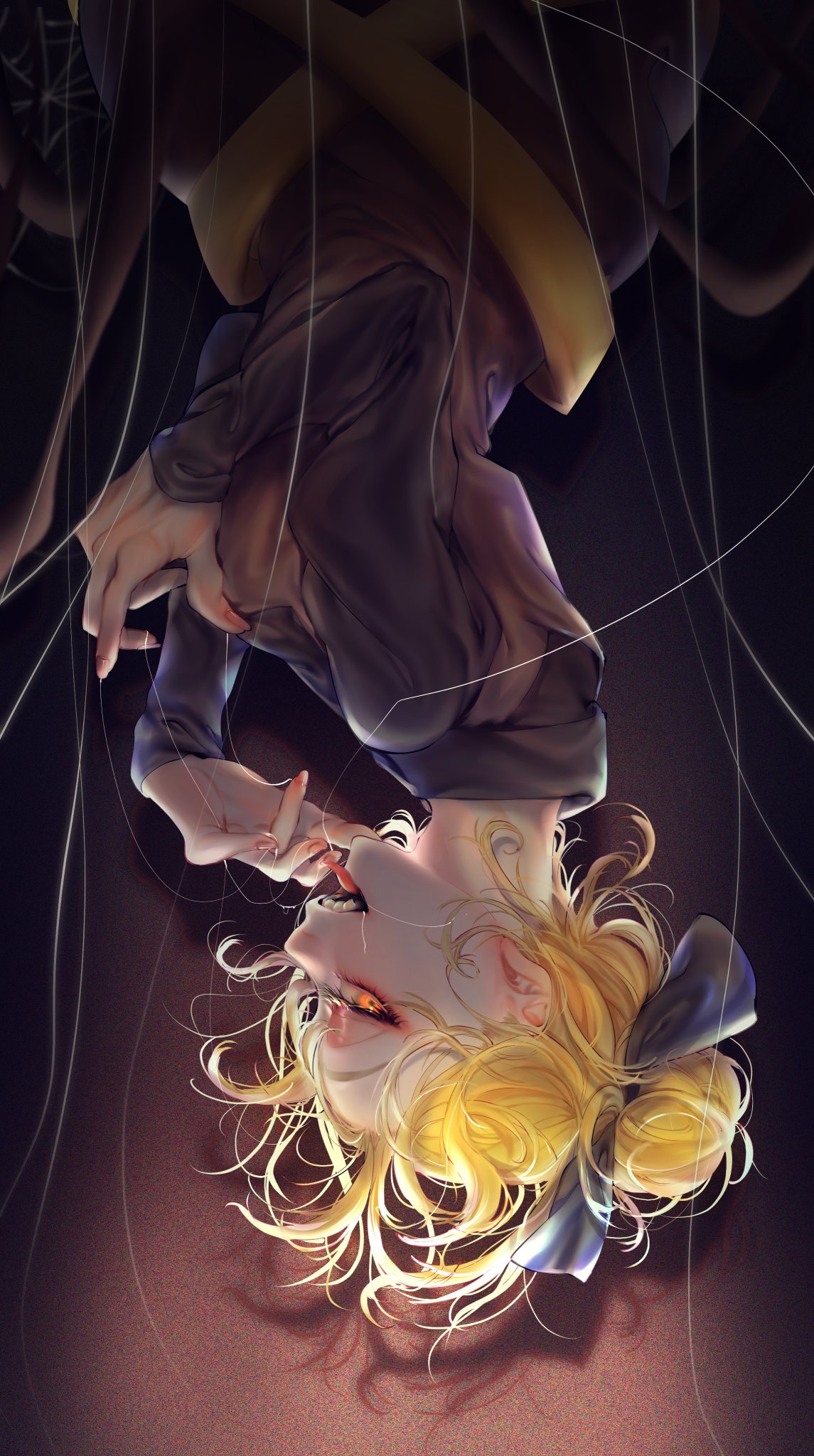 1girl bangs black_bow blonde_hair bow brown_dress dark_background dress hair_bow highres kurodani_yamame looking_at_viewer open_mouth saliva saliva_trail short_hair silk solo spider_web teeth tongue touhou upside-down yamazaki_tsukune yellow_eyes