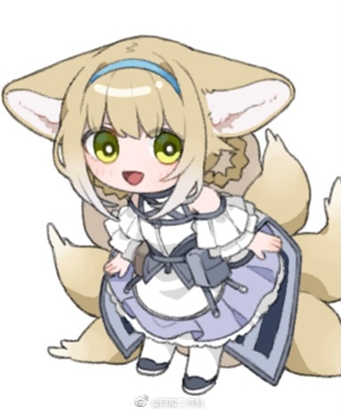 1girl :d animal_ears arknights baiwei_er_hao_ji bare_shoulders black_bag black_footwear black_vest blonde_hair blue_dress braid chibi clothing_cutout dress fox_ears fox_girl fox_tail frilled_dress frills full_body green_eyes grey_hair kitsune long_hair long_sleeves looking_at_viewer lowres multicolored_hair multiple_tails open_mouth oripathy_lesion_(arknights) pantyhose pouch shoes shoulder_cutout smile solo standing streaked_hair suzuran_(arknights) tail two-tone_dress vest weibo_logo weibo_username white_dress white_pantyhose