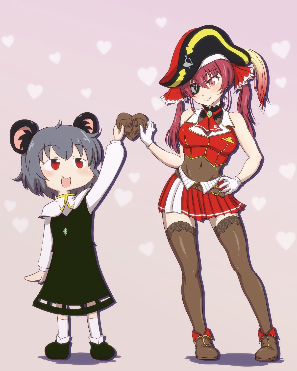 2girls animal_ears breasts commentary_request cookie cookie_(touhou) dress food gloves grey_hair happy hat highres hololive houshou_marine iiyo_koiyo_ikuiku_yajuu_bucchippa_senpai mouse_ears mouse_girl mouse_tail multiple_girls nazrin nyon_(cookie) open_mouth pirate pirate_hat redhead short_hair skirt smile tail touhou virtual_youtuber white_gloves