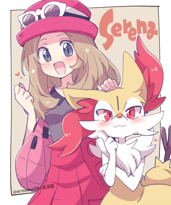 1girl :d blush border braixen brown_hair character_name collared_shirt commentary_request eromame eyewear_on_headwear grey_eyes hands_up happy hat headpat heart high-waist_skirt long_hair looking_at_viewer open_mouth pink_headwear pokemon pokemon_(creature) pokemon_(game) pokemon_xy red_skirt serena_(pokemon) shirt skirt sleeveless sleeveless_shirt smile sunglasses white-framed_eyewear white_border