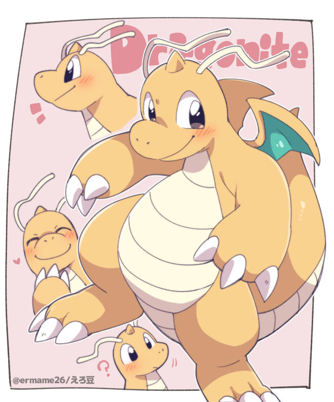 ? black_eyes blush border character_name claws closed_mouth commentary_request dragonite eromame happy heart multiple_views no_humans pokemon pokemon_(creature) smile watermark white_border