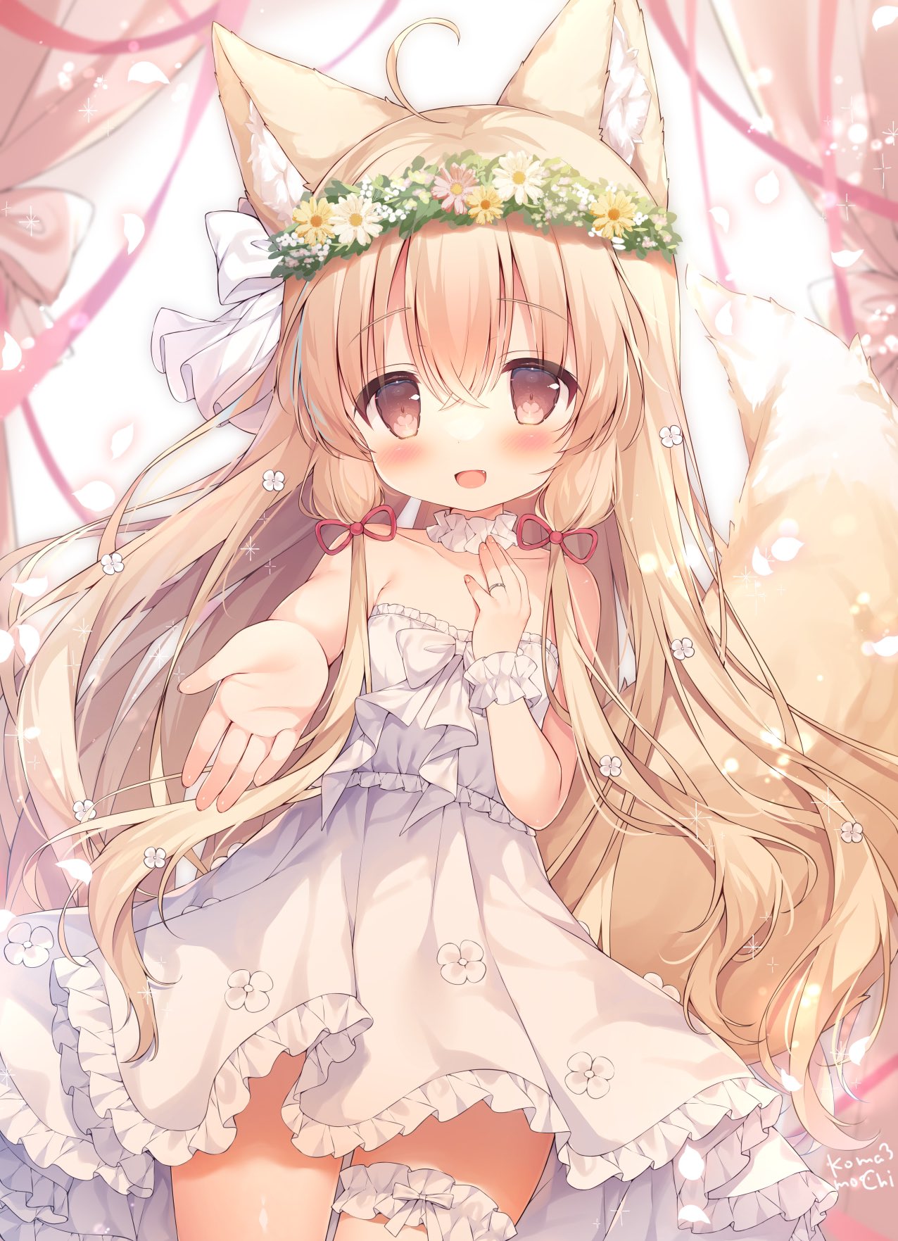 1girl animal_ear_fluff animal_ears blush brown_eyes brown_hair dress flower fox_ears fox_girl fox_tail hand_on_own_chest head_wreath highres jewelry long_hair momozu_komamochi open_mouth original outstretched_arm outstretched_hand ribbon ring smile solo sundress tail very_long_hair wedding_band white_dress