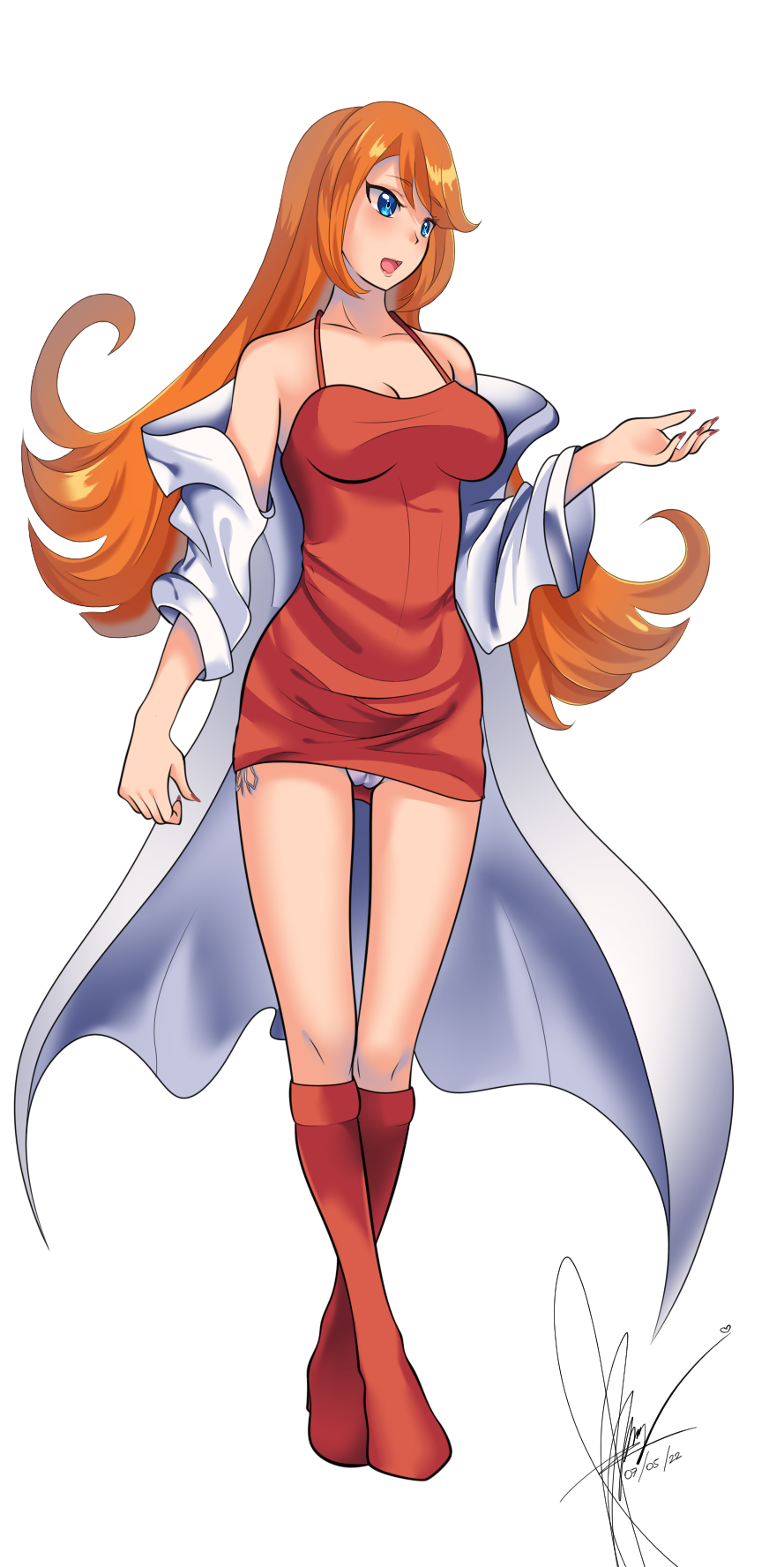 blue_eyes bodycon boots coat crescent-moon20 dress full_body highres long_hair mona_(warioware) open_mouth orange_hair red_dress red_footwear red_nails smile tight tight_dress transparent_background warioware