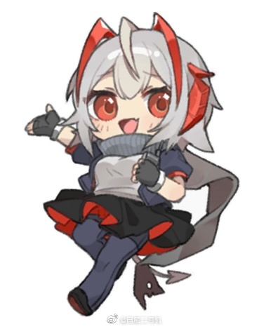 1girl :d ahoge antennae arknights baiwei_er_hao_ji black_footwear black_gloves black_jacket black_pantyhose black_scarf black_skirt chibi demon_girl demon_horns demon_tail fang fingerless_gloves full_body gloves grey_hair hand_up horns jacket looking_at_viewer lowres open_clothes open_jacket open_mouth red_eyes scarf shirt shoes short_sleeves simple_background skin_fang skirt smile solo tail two-sided_fabric two-sided_skirt w_(arknights) weibo_logo weibo_username white_background white_shirt