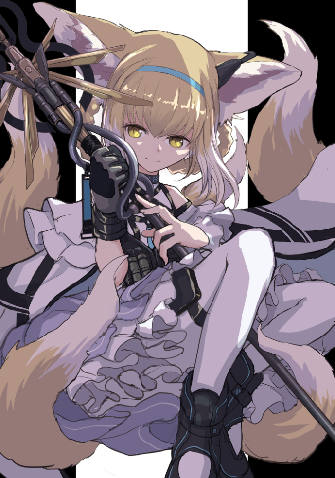 1girl animal_ears arknights black_background black_footwear black_gloves blonde_hair blue_hairband boushi-ya braid dress earpiece fox_ears fox_girl fox_tail frilled_dress frills gloves green_eyes hairband holding holding_staff kitsune long_hair looking_at_viewer multicolored_hair multiple_tails purple_dress shoes simple_background single_glove single_wrist_cuff smile solo staff streaked_hair suzuran_(arknights) tail thigh_strap two-tone_background white_background white_hair white_pantyhose wrist_cuffs
