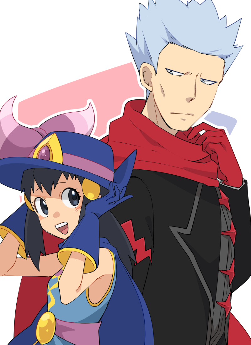 1boy 1girl :d black_hair black_jacket blue_cape blue_gloves blue_headwear blush bow cape commentary_request cyrus_(pokemon) eyelashes gloves grey_eyes hair_ornament hairclip hands_up happy hat hat_bow hikari_(pokemon) jacket kono2noko long_hair long_sleeves official_alternate_costume open_mouth outline pokemon pokemon_(game) pokemon_masters_ex red_gloves red_scarf scarf short_hair smile teeth tongue upper_teeth