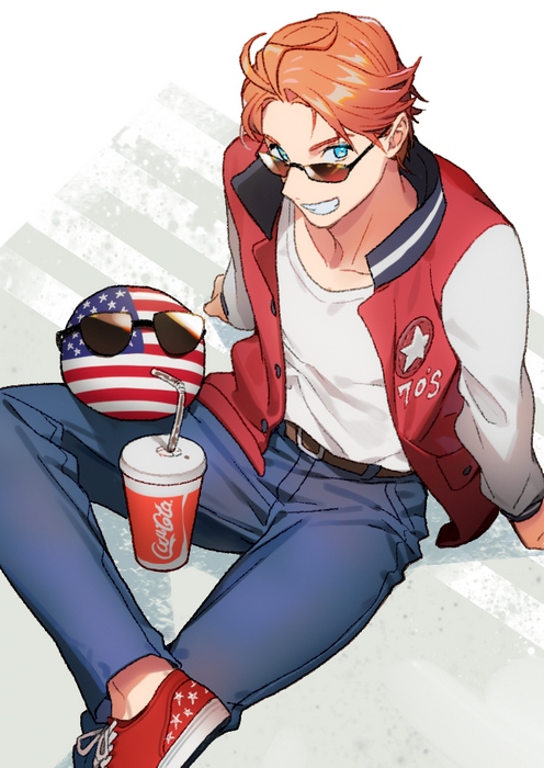 1boy 1other ahoge america_(hetalia) americaball axis_powers_hetalia belt blonde_hair blue_eyes coca-cola countryball crossover cup denim disposable_cup drinking_straw_in_mouth eyewear_on_head jacket jeans letterman_jacket littleb623 looking_at_viewer looking_up pants red_footwear shoes sneakers sunglasses trait_connection